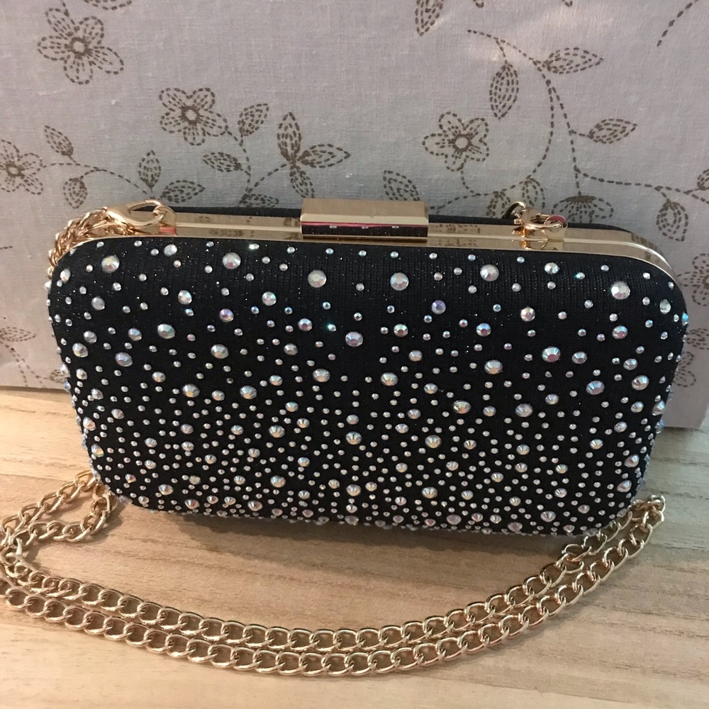 Shiny Rhinestone Studded Evening Party Clutch Handbag with Chain